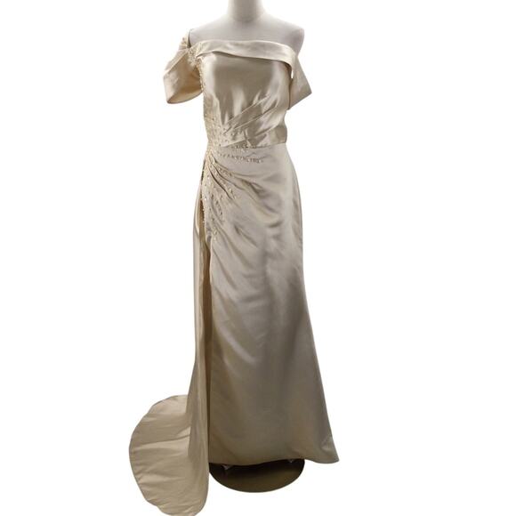 FORMAL SZ 12 L champagne satin beaded corset party gala maxi dress gown NEW b69 - Picture 1 of 8